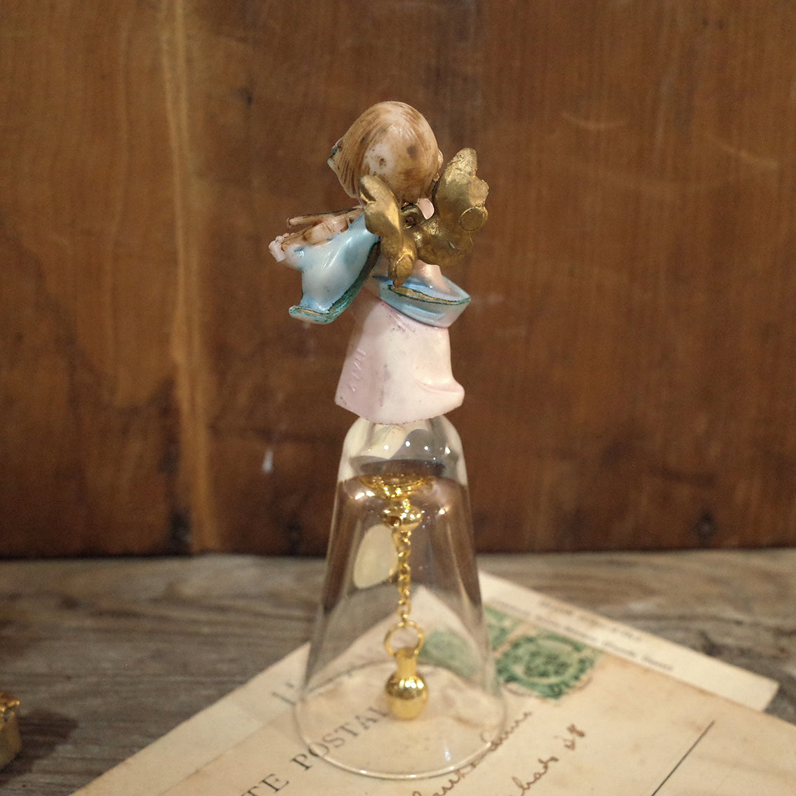 義大利老件.塑料拉小提琴小天使.玻璃手搖鈴.鈴鐺.擺件.#收藏品