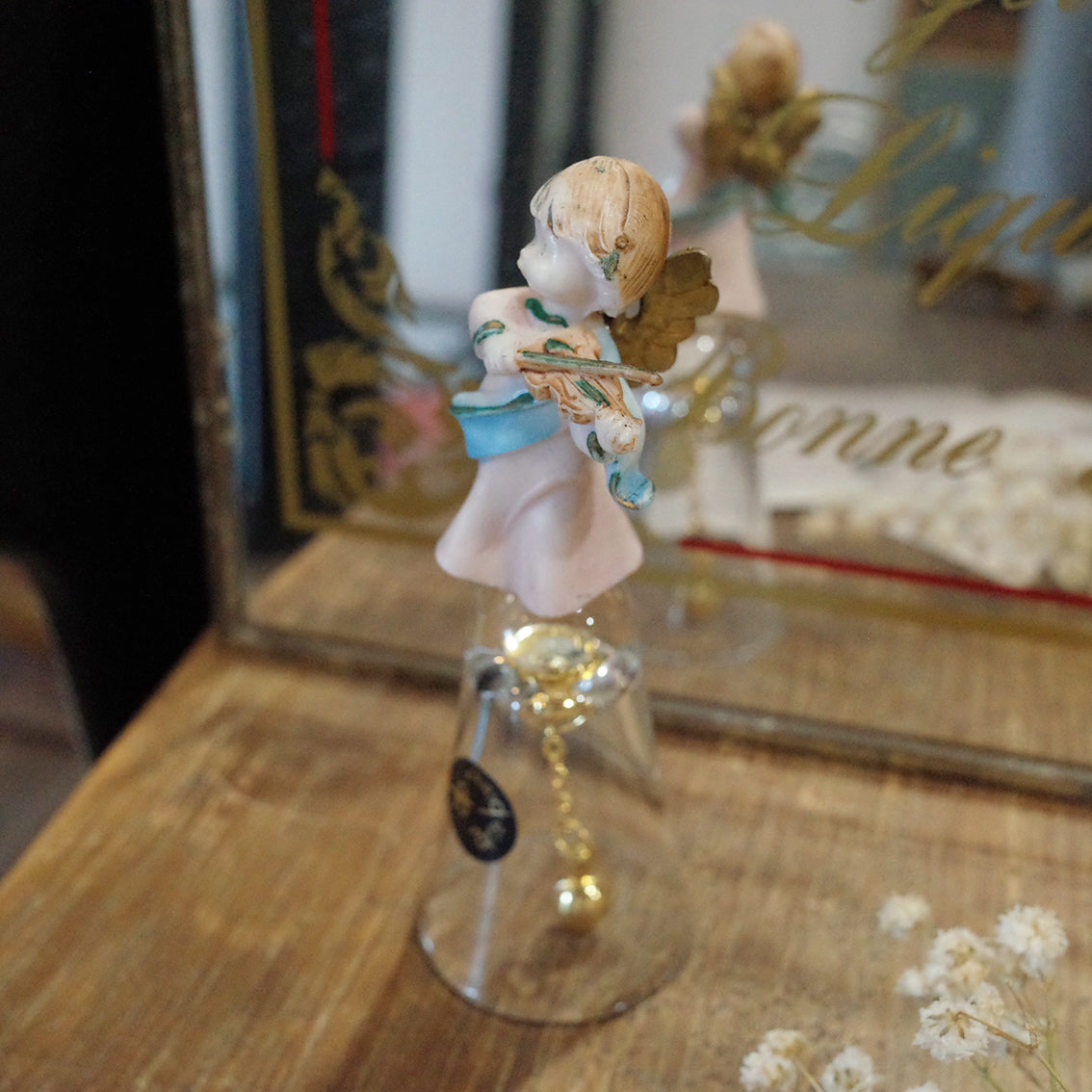 義大利老件.塑料拉小提琴小天使.玻璃手搖鈴.鈴鐺.擺件.#收藏品