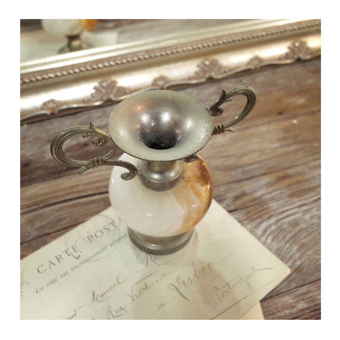 德國老件.瑪瑙大理石雙耳金屬小花器.1950's鍍銀小花瓶.復古微型花瓶.擺飾擺件#收藏品