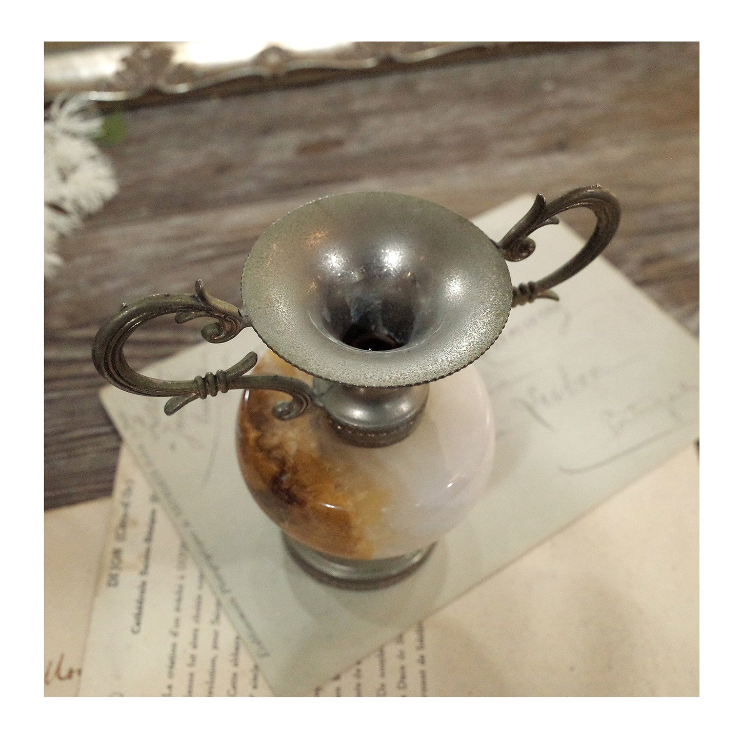 德國老件.瑪瑙大理石雙耳金屬小花器.1950's鍍銀小花瓶.復古微型花瓶.擺飾擺件#收藏品