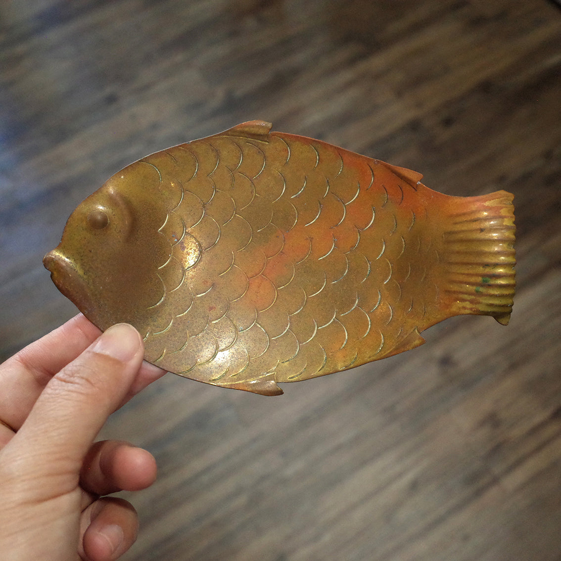 葡萄牙老件.早期手工黃銅魚造型小金屬盤.置物盤
