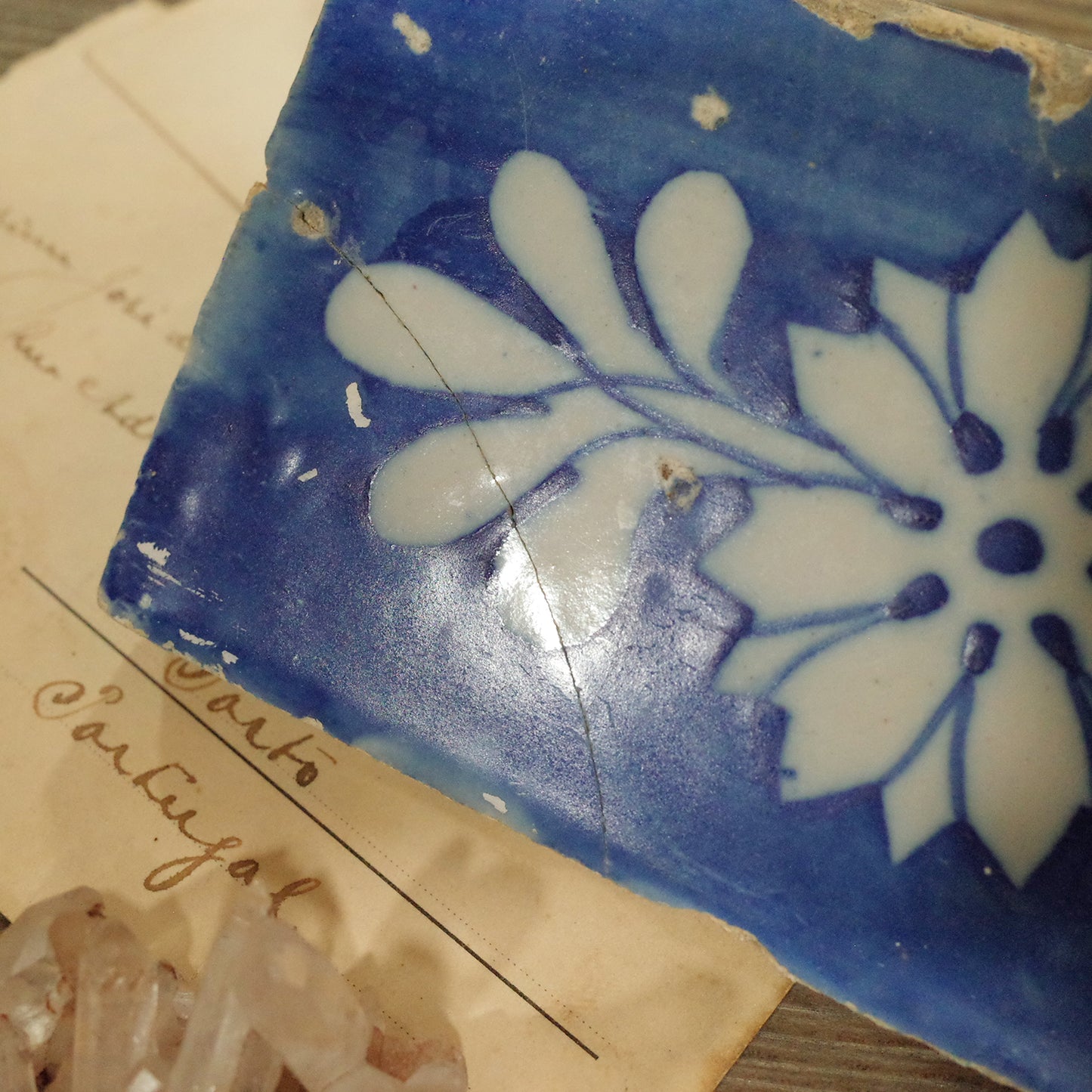 葡萄牙老件.古董藍白瓷磚.藍底白花手工轉折老磁磚.擺件#收藏品