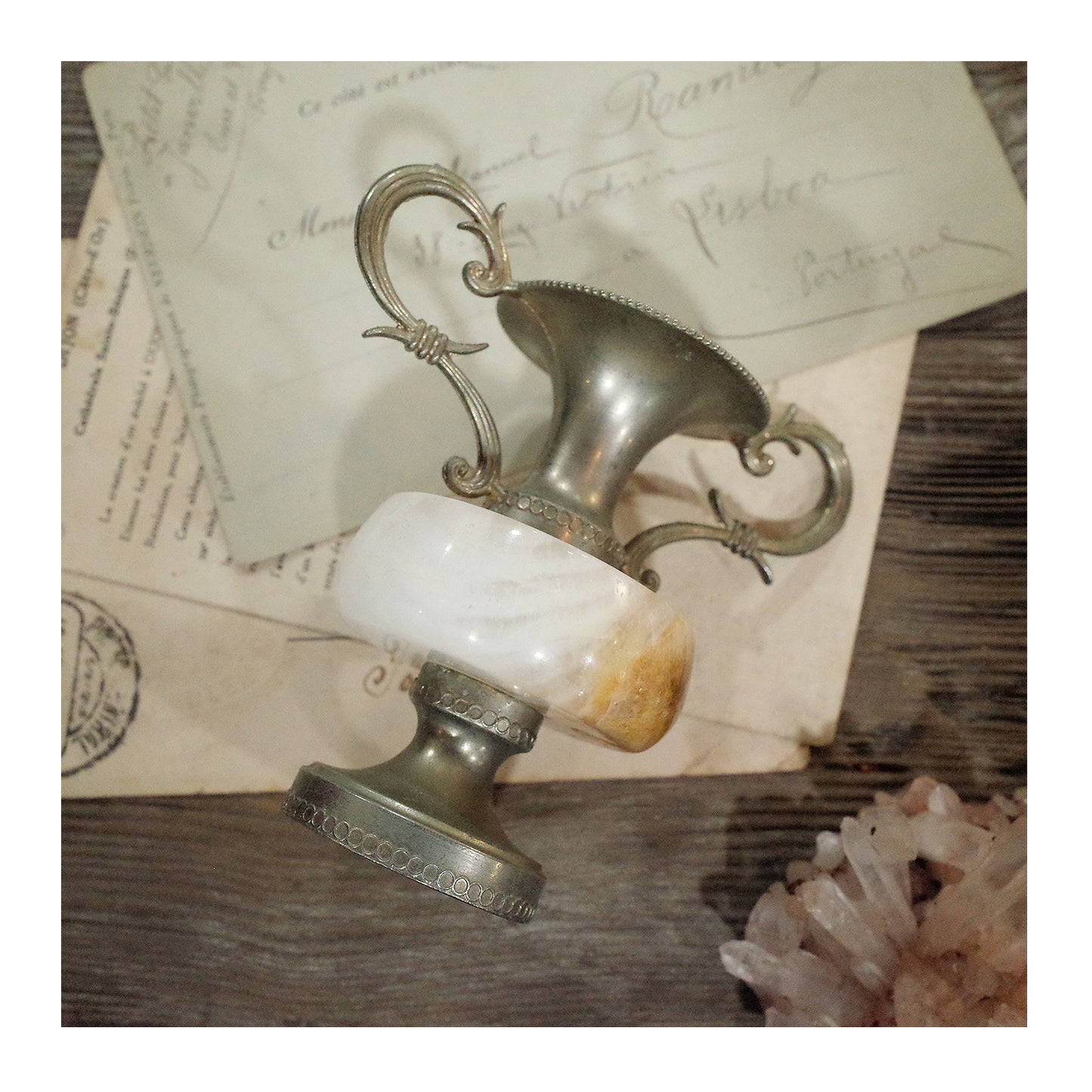 德國老件.瑪瑙大理石雙耳金屬小花器.1950's鍍銀小花瓶.復古微型花瓶.擺飾擺件#收藏品