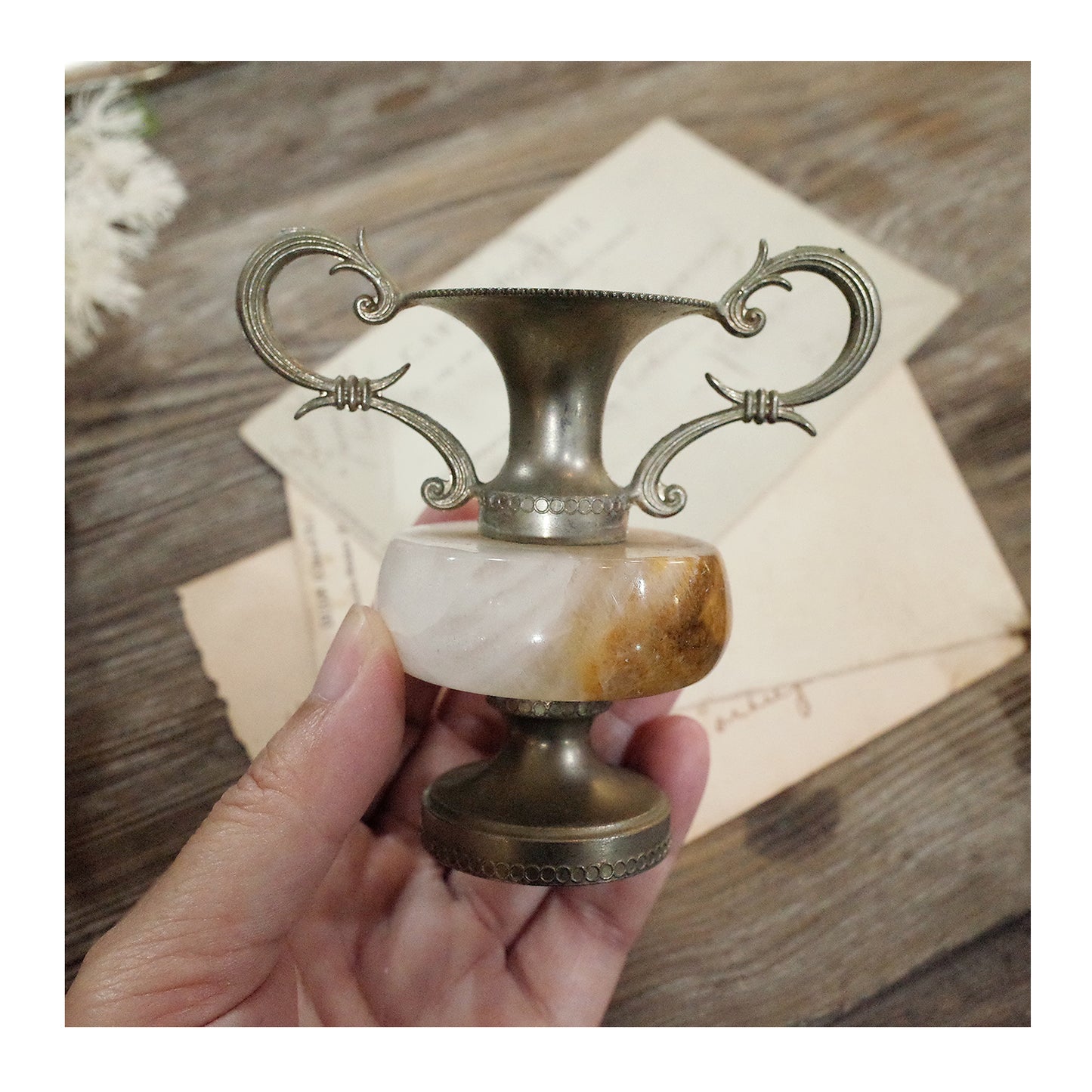 德國老件.瑪瑙大理石雙耳金屬小花器.1950's鍍銀小花瓶.復古微型花瓶.擺飾擺件#收藏品